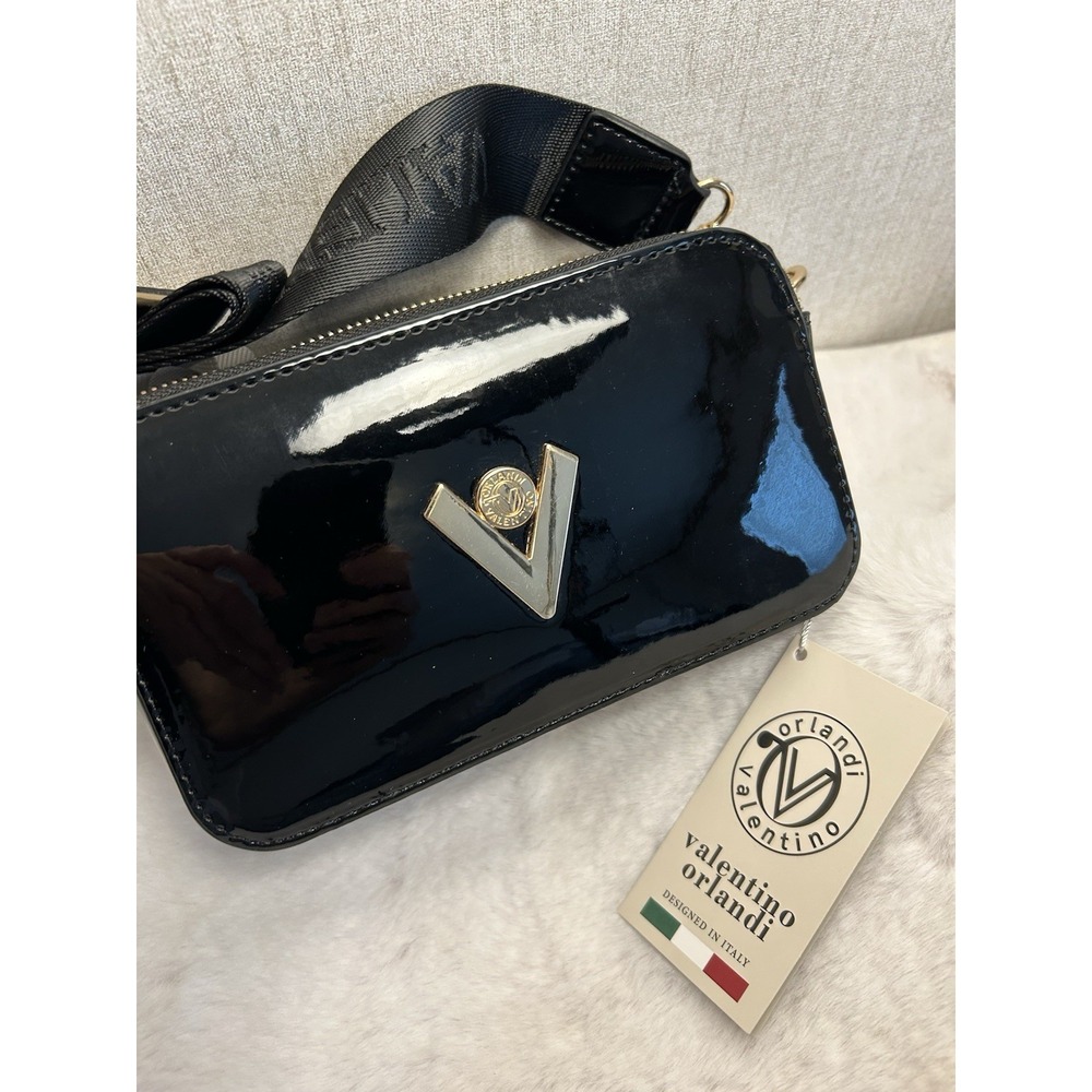 Valentino Orlandi Black Crossbody Bag Black Patent Vegan Leather New $260